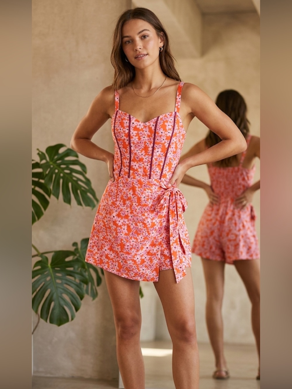 Band of the Free Orange Pink Floral Corset Romper XS Smocked Back Wrap Front